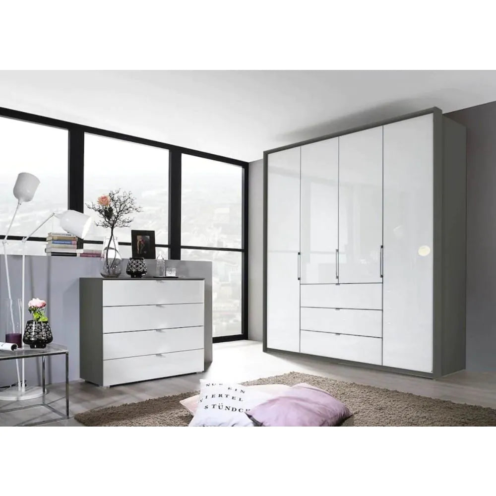 Rauch Erimo Style 1 Graphite & White Glass Bi-Folding Doors Combi Wardrobe