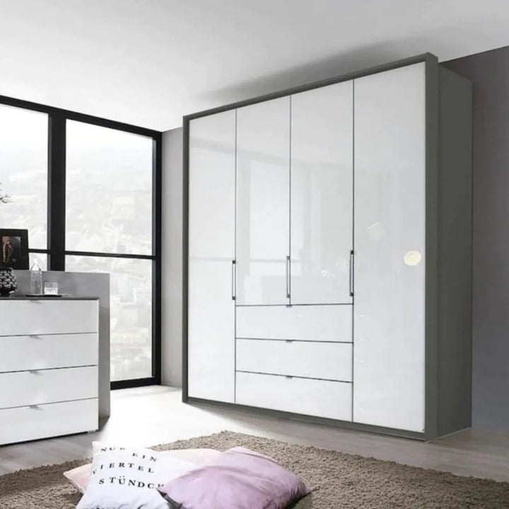 Rauch Erimo Style 1 Graphite & White Glass Bi-Folding Doors Combi Wardrobe