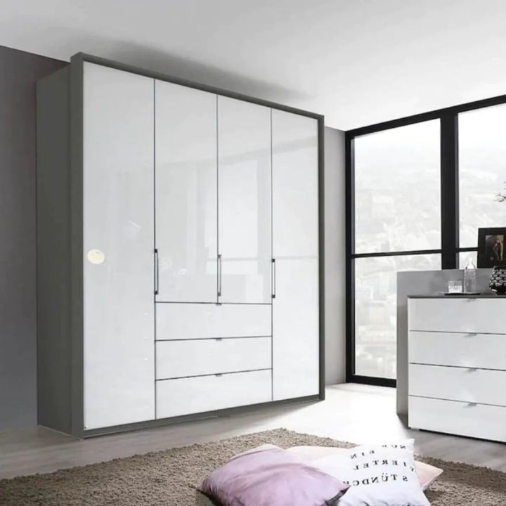 Rauch Erimo Style 1 Graphite & White Glass Bi-Folding Doors Combi Wardrobe