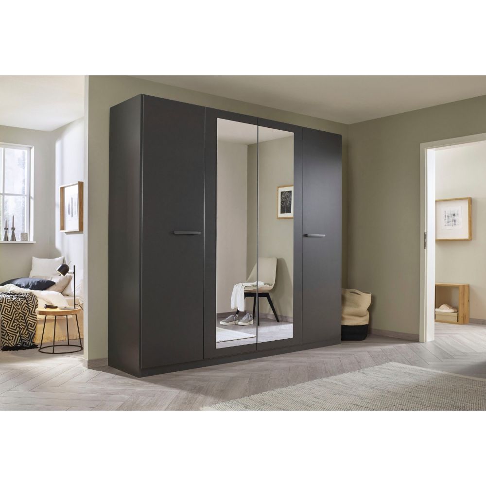 Rauch Modi Metallic Grey and Mirror Front 4 Door Hinged Wardrobe