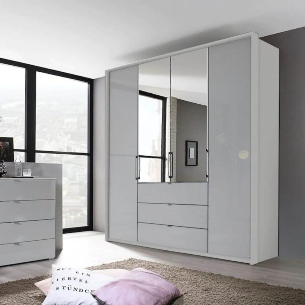 Rauch Erimo Style 1 Silk Grey Glass Bi-Folding Doors Combi Wardrobe