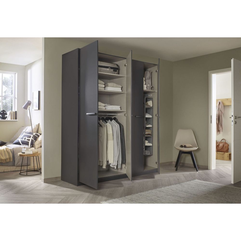 Rauch Modi Metallic Grey and Mirror Front 4 Door Hinged Wardrobe