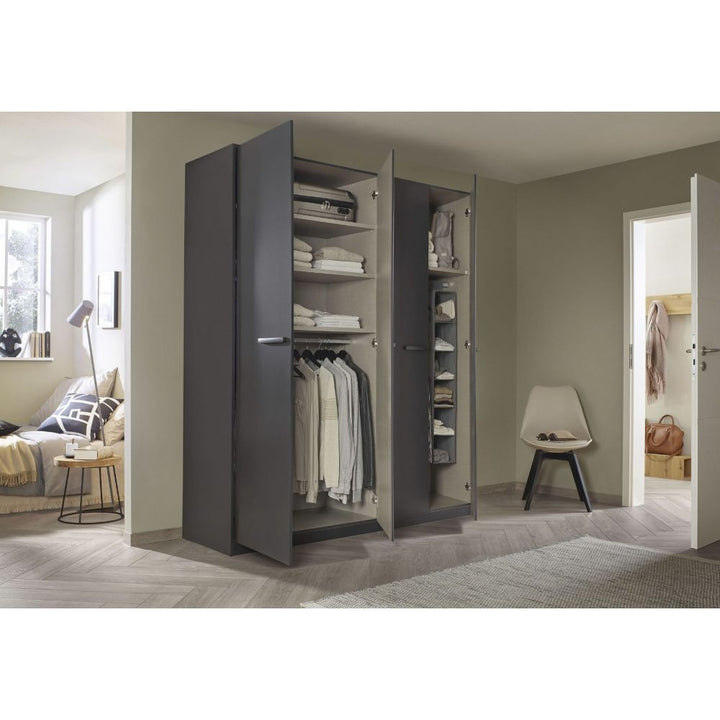 Rauch Modi Metallic Grey and Mirror Front 4 Door Hinged Wardrobe