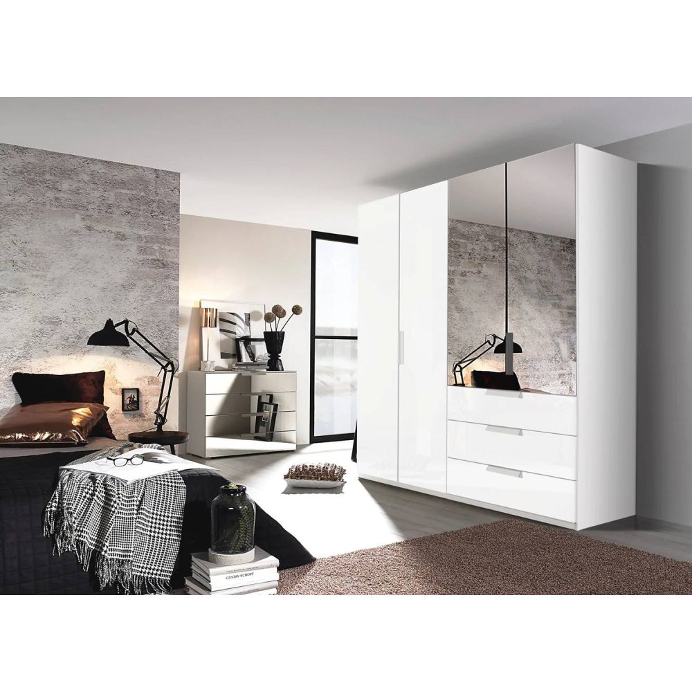 Rauch Miramar Lynx White Glass & Mirror Front 4 Door Hinged Combi Wardrobe