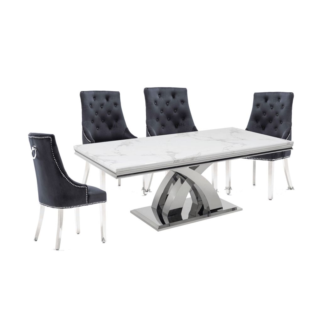 Ottavia 1.8M White Marble Dining Table with 6 Ring Knockerback Dining Chairs