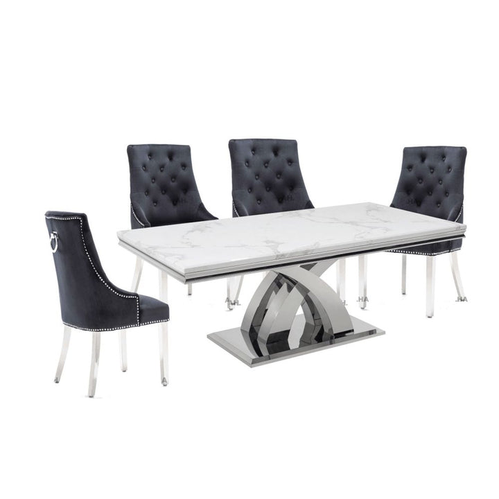 Ottavia 1.8M White Marble Dining Table with 6 Ring Knockerback Dining Chairs