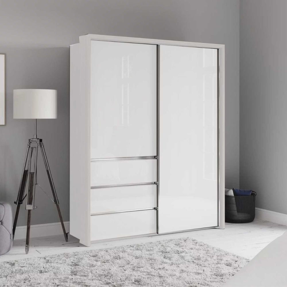Wiemann Pacific 175cm 2 White Glass Sliding Doors Wardrobe with 3 Drawers