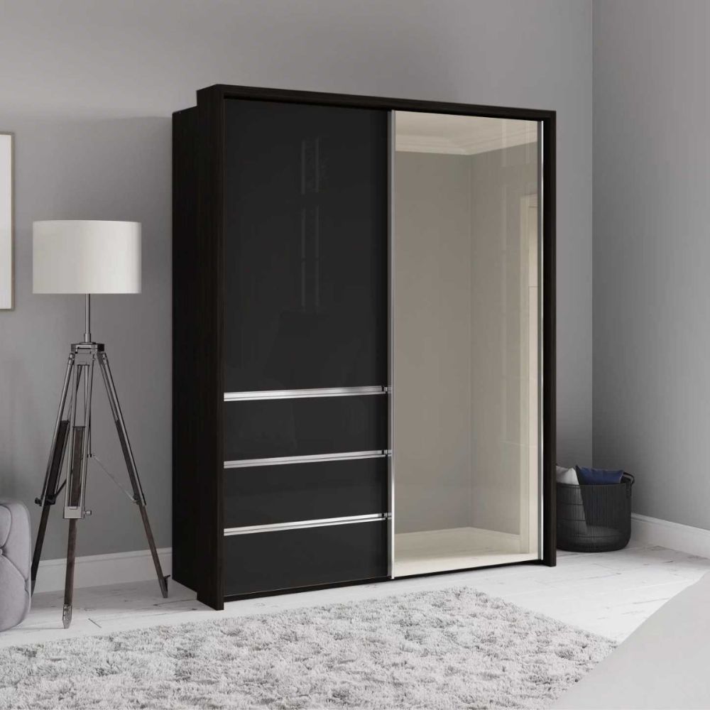 Wiemann Pacific 175cm 2 Graphite Glass Doors Sliding Wardrobe with 3 Drawers With Mirror