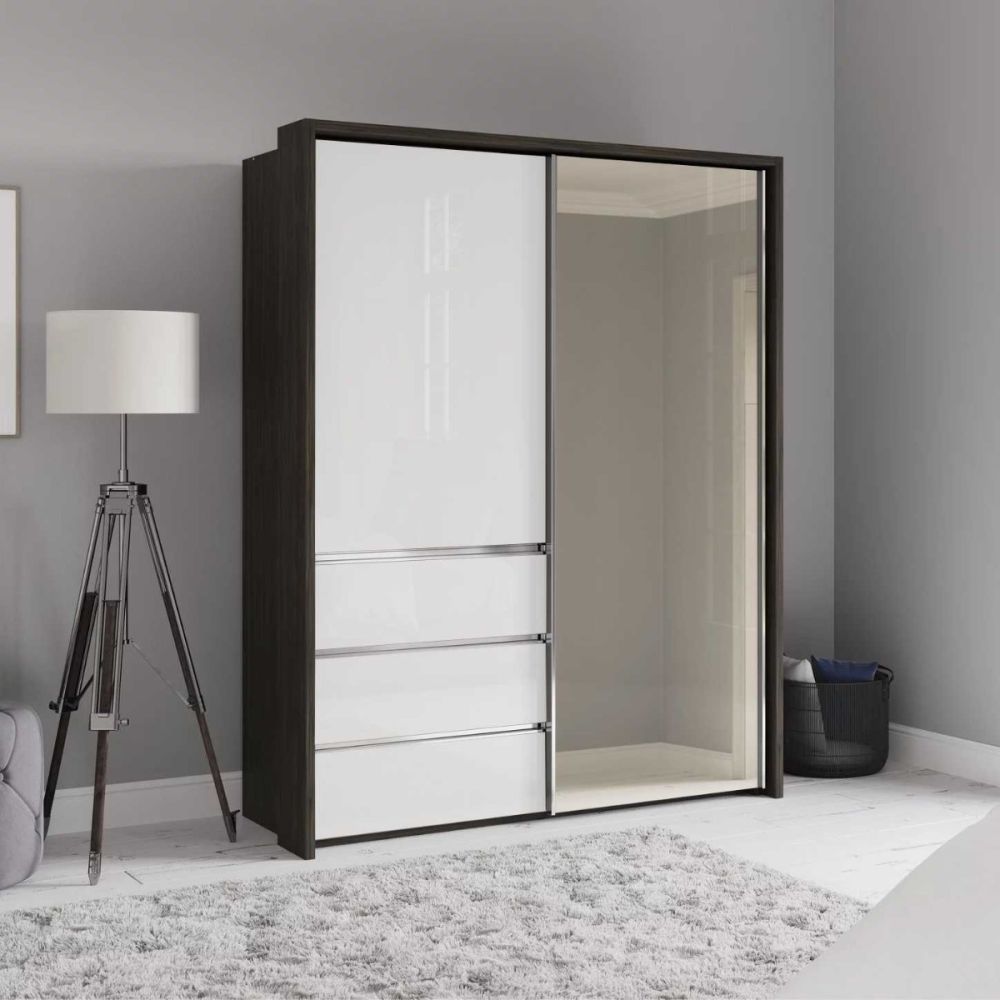 Wiemann Pacific 175cm 2 White Glass Doors Sliding Wardrobe with 3 Drawers With Mirror