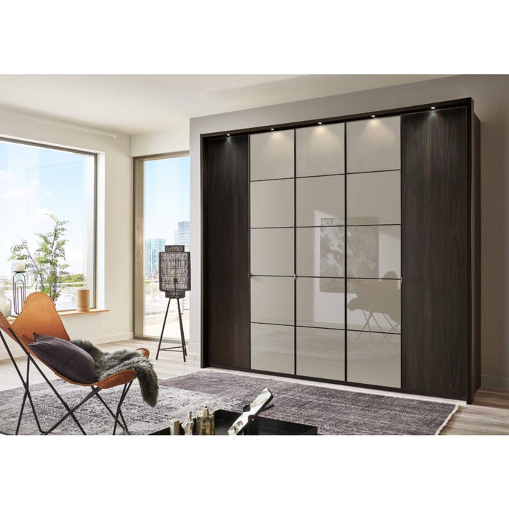 Wiemann Quito Mocca Oak and Pebble Grey Glass 5 Door Wardrobe - 250CM