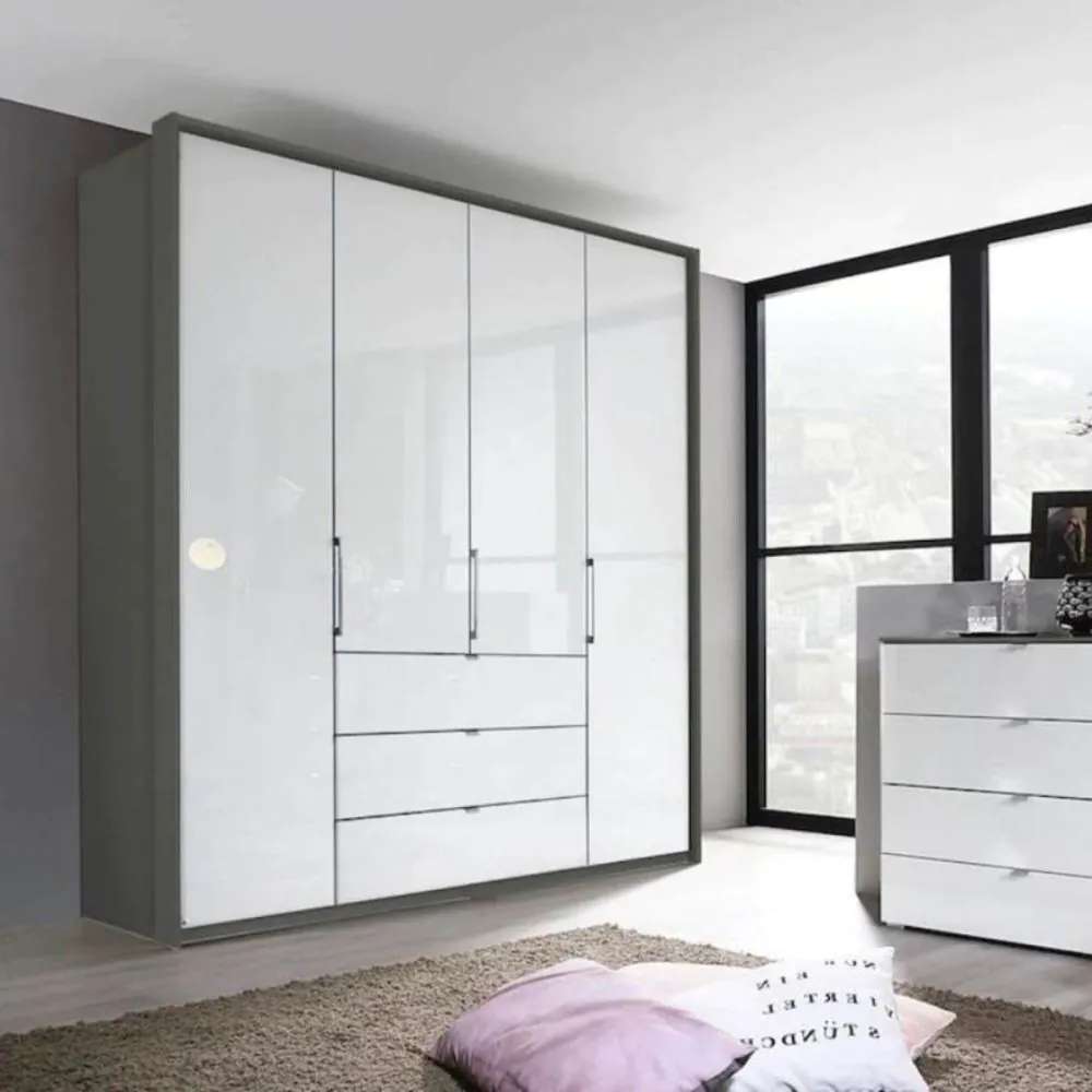Rauch Erimo Style 1 Graphite & White Glass Bi-Folding Doors Combi Wardrobe