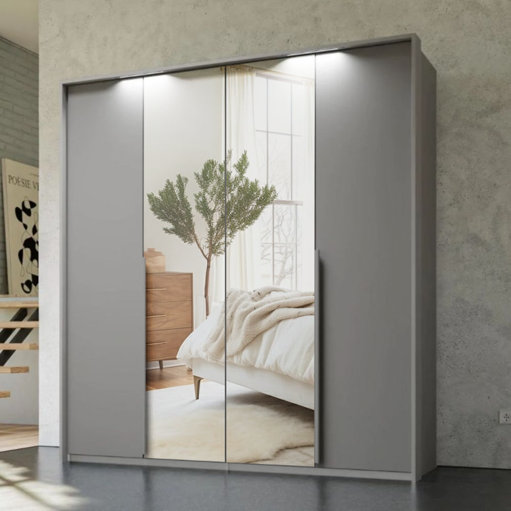 Mainz 4 Door Hinged Fully Loaded Wardrobe in Silk Grey - Evoke Home 