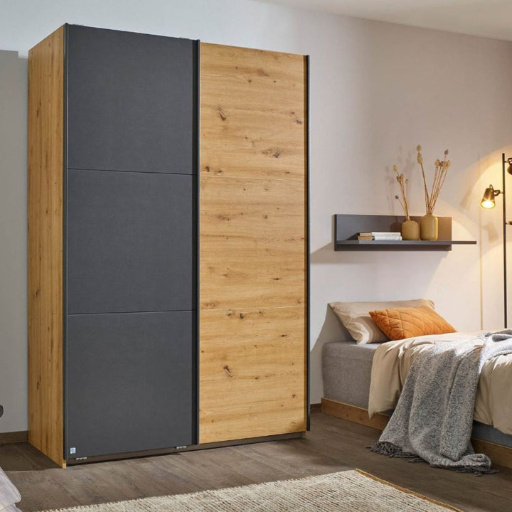 Rauch Bristol Artisan Oak With Metallic Grey Sliding Door Wardrobe 131CM