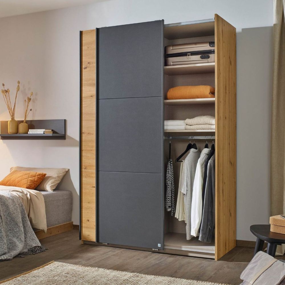 Rauch Bristol Artisan Oak With Metallic Grey Sliding Door Wardrobe 131CM