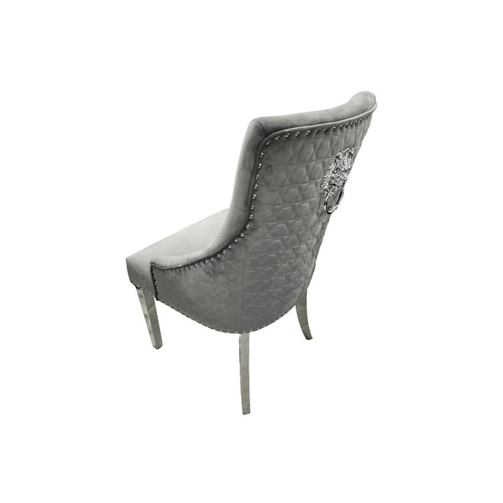 Arianna 1.8M Grey Marble Dining Table With Roma Lion Knockerback Dining Chairs