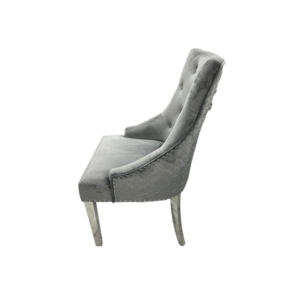 Arianna 1.8M Grey Marble Dining Table With Roma Lion Knockerback Dining Chairs