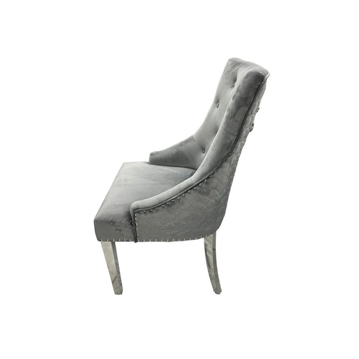 Arianna 1.8M Grey Marble Dining Table With Roma Lion Knockerback Dining Chairs