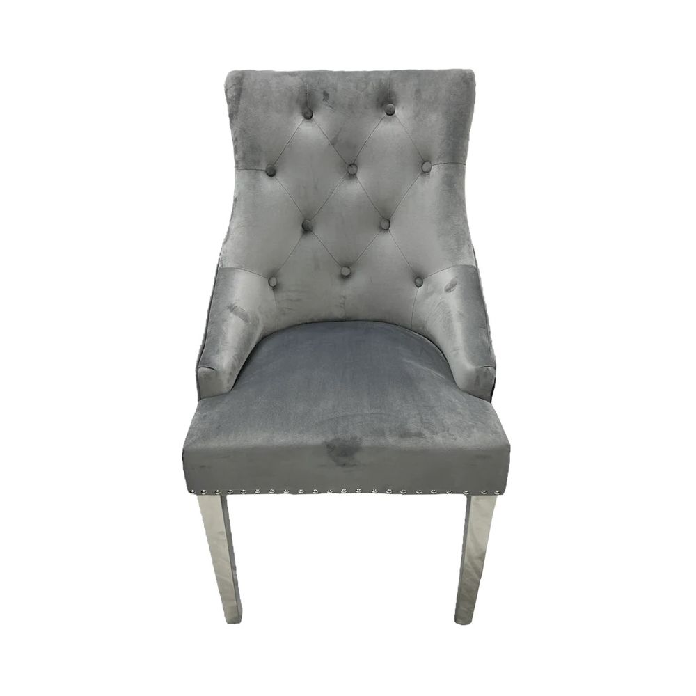 Arianna 1.8M Grey Marble Dining Table With Roma Lion Knockerback Dining Chairs