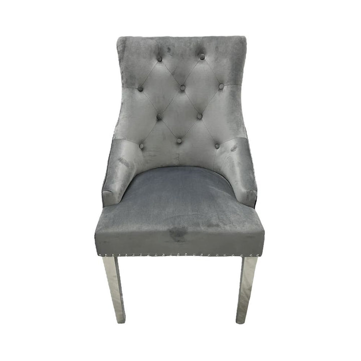 Arianna 1.8M Grey Marble Dining Table With Roma Lion Knockerback Dining Chairs