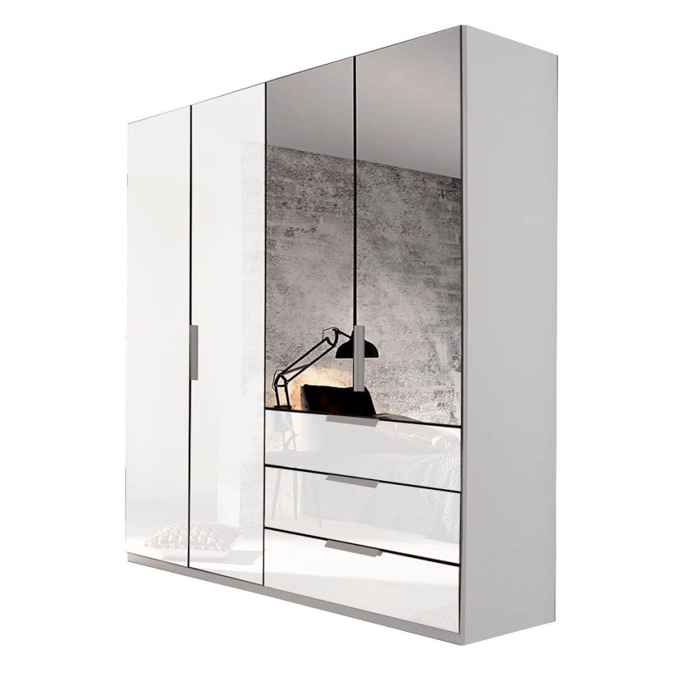 Rauch Miramar Lynx White Glass & Mirror Front 4 Door Hinged Combi Wardrobe