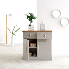 Compact Grey Sideboard with Oak-Effect Top
